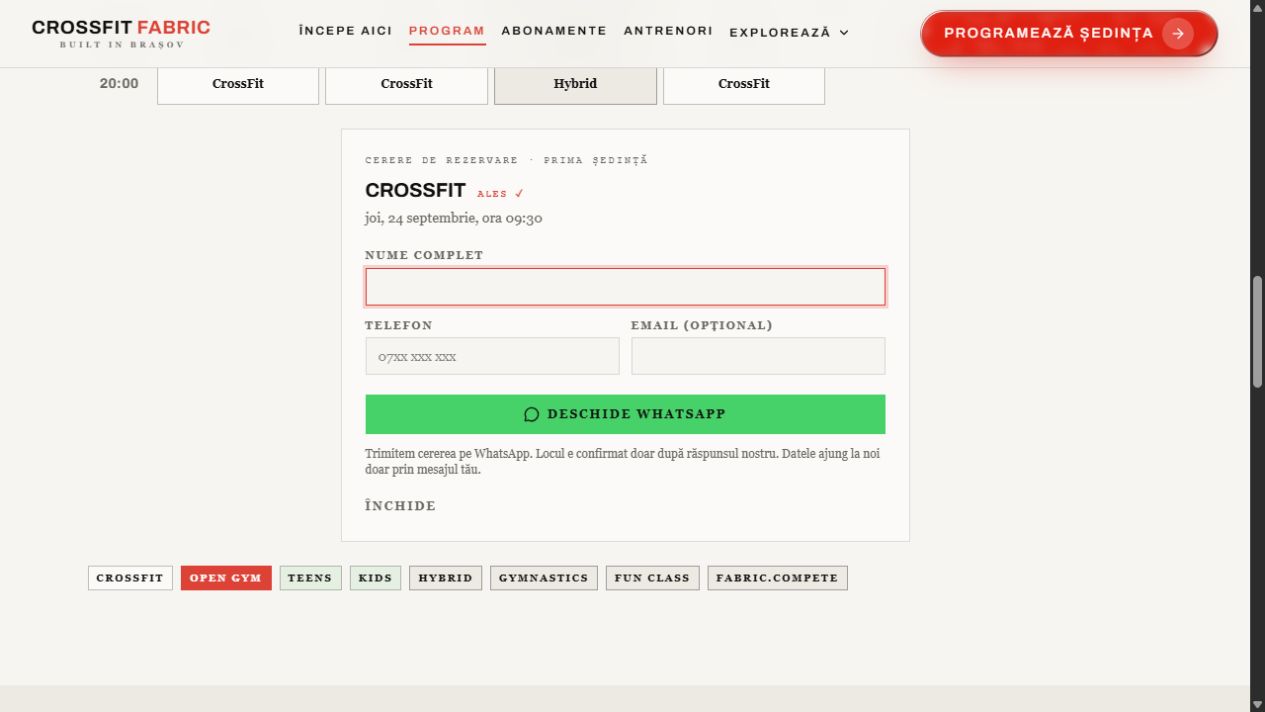 Cererea pentru prima ședință CrossFit, cu clasa și ora selectate și câmpurile de contact