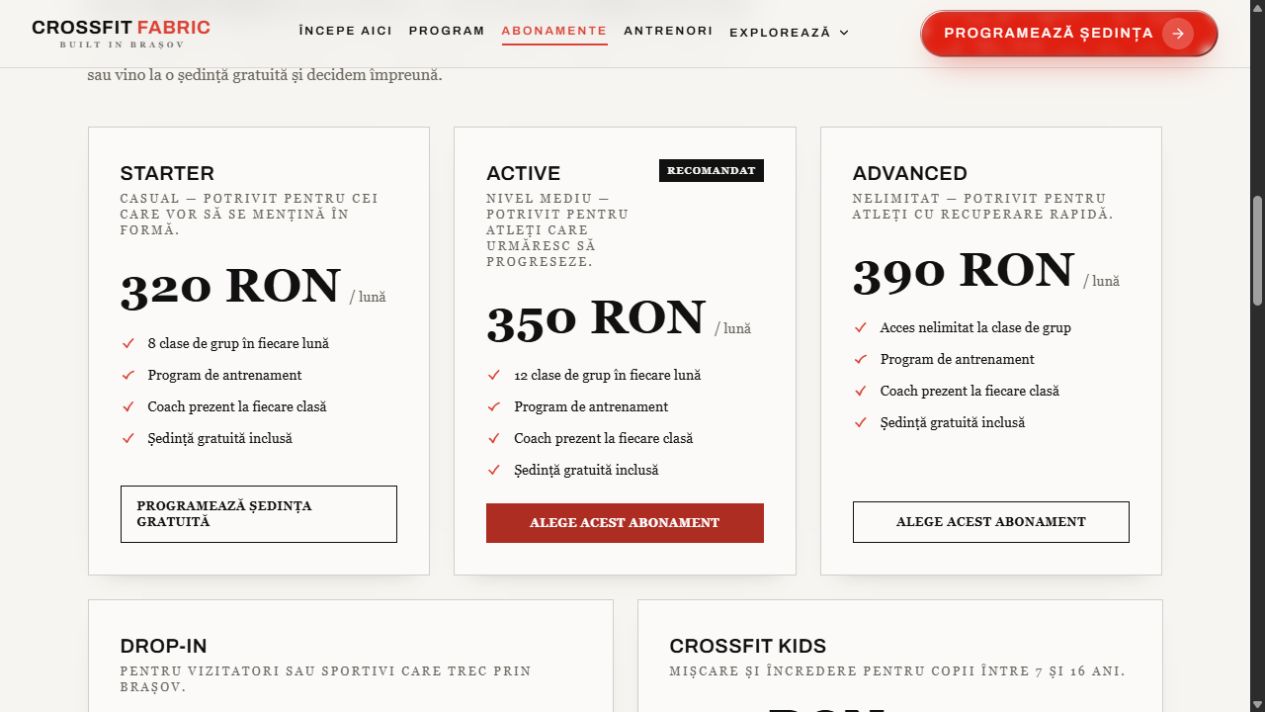 Trei abonamente CrossFit Fabric cu prețurile și beneficiile afișate