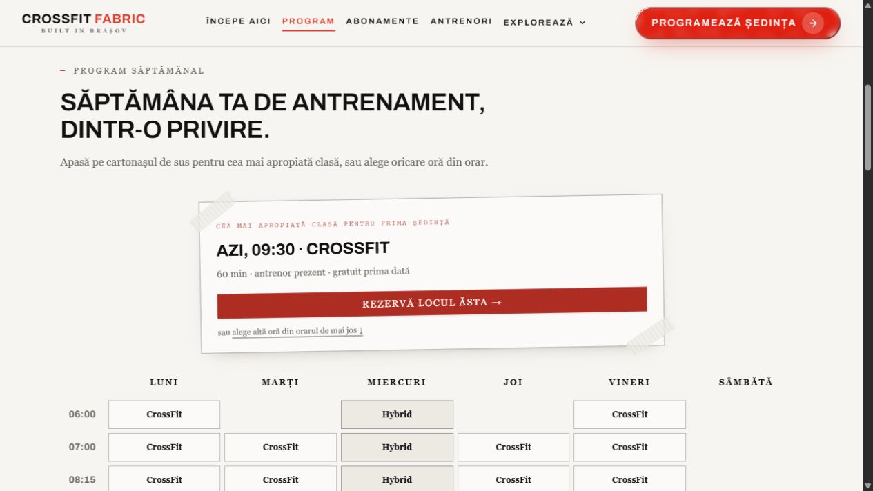 Orarul CrossFit Fabric, cu următoarea clasă și posibilitatea de a alege o zi și o oră